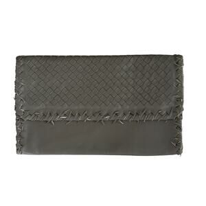 Bottega Veneta Intrecciato Woven Fringe Greige Gray Leather Flap Clutch Hand Bag
